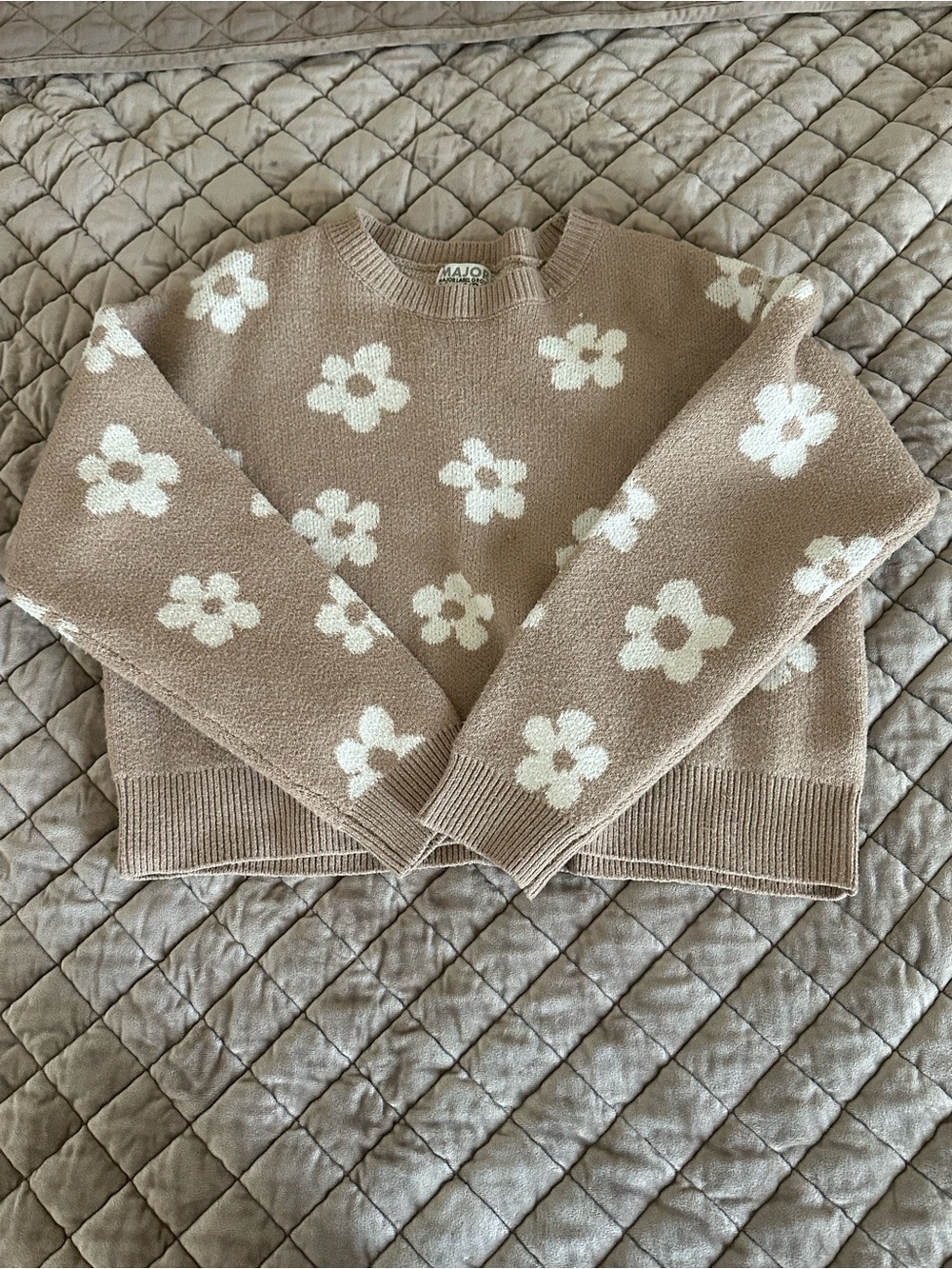 Taupe Floral Crewneck cropped Sweater
